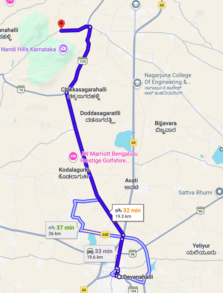 Route showing distance and time from Devanahalli to Nandi Hills