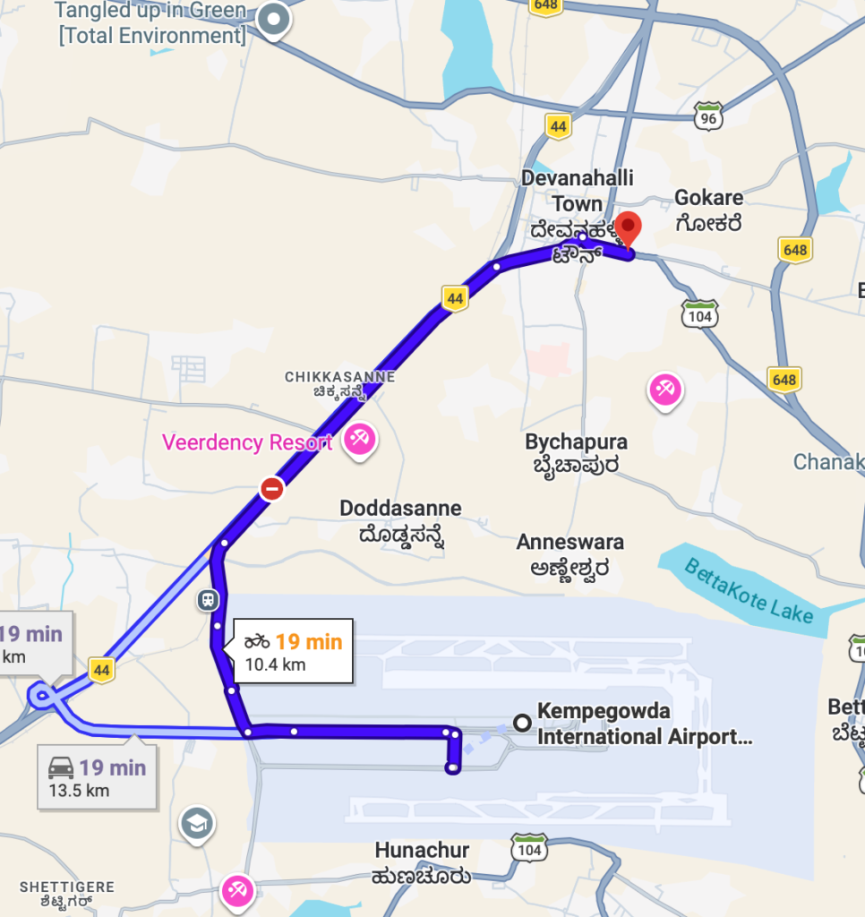 Route with time and distance from Devanahalli to Airport